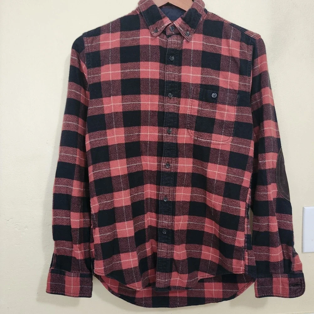 J.Crew Flannel Shirt Mens Small Red Plaid Wool Blend Elbow Patch Workwear